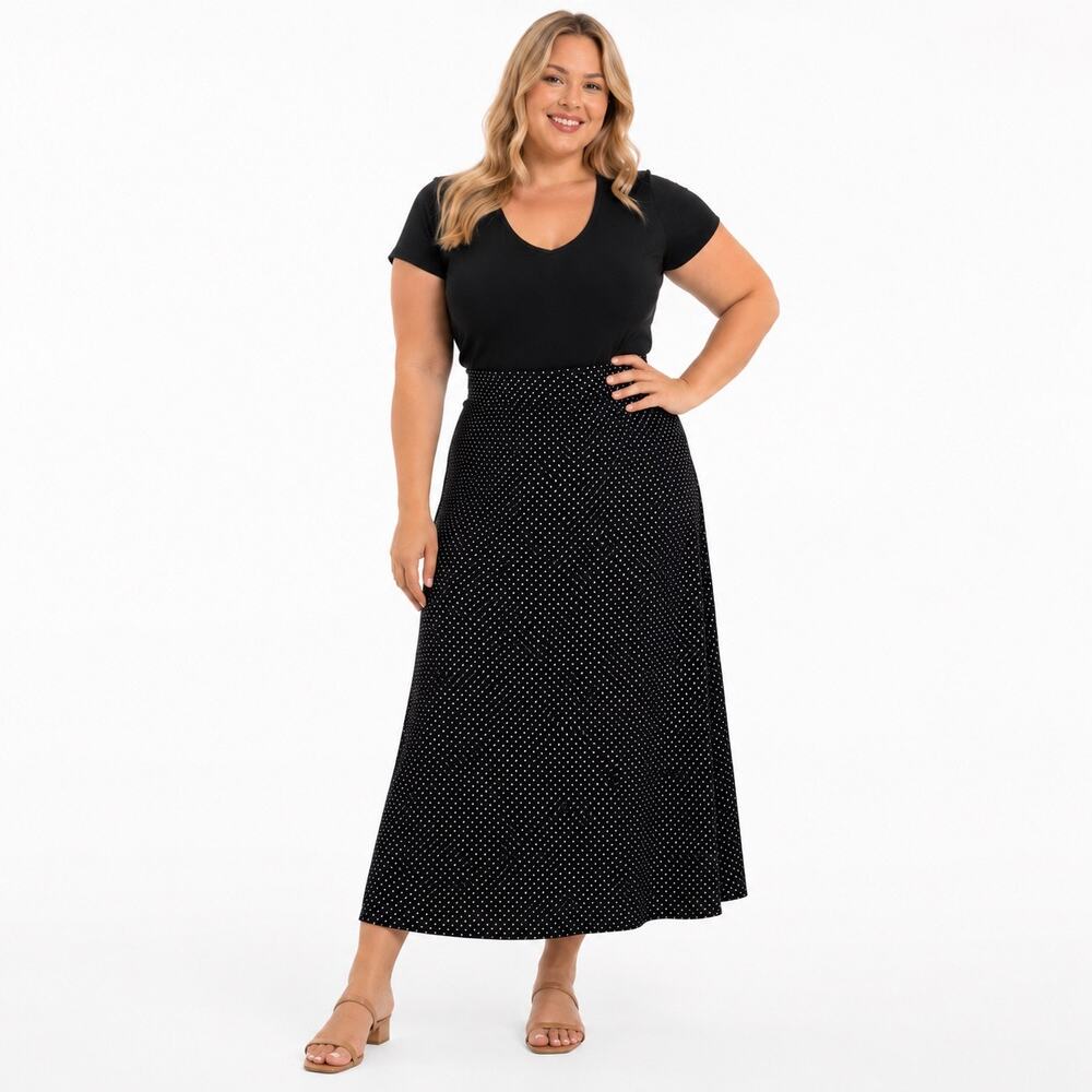 Talbots XL Pull On Maxi Skirt Black White Dot Elastic Ultra Soft Stretch Modal